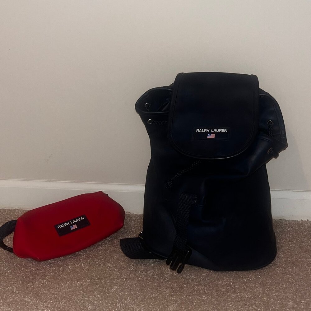 Black Ralph Lauren Drawstring Backpack with Red Pouch